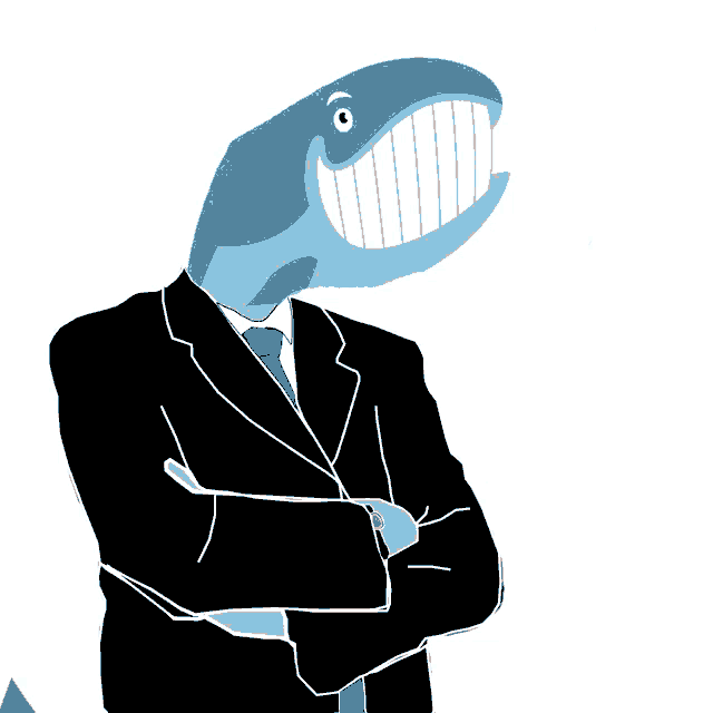 a man in a suit and tie with a whale 's head and the word stonks on the bottom