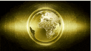 a gold globe surrounded by lines and dots on a dark background
