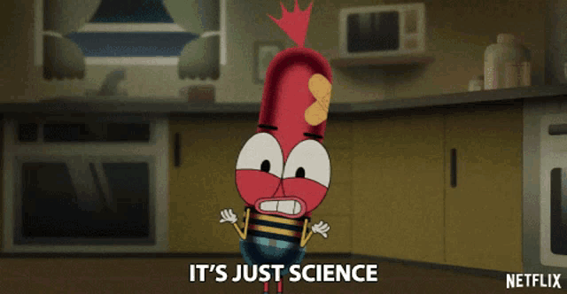 a cartoon character says it 's just science in the kitchen