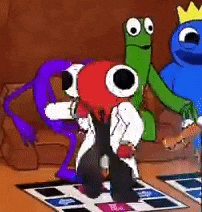 a group of cartoon characters are playing a game on a dance floor .