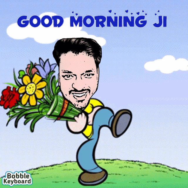 a cartoon of a man holding a bouquet of flowers with the words good morning ji on the bottom
