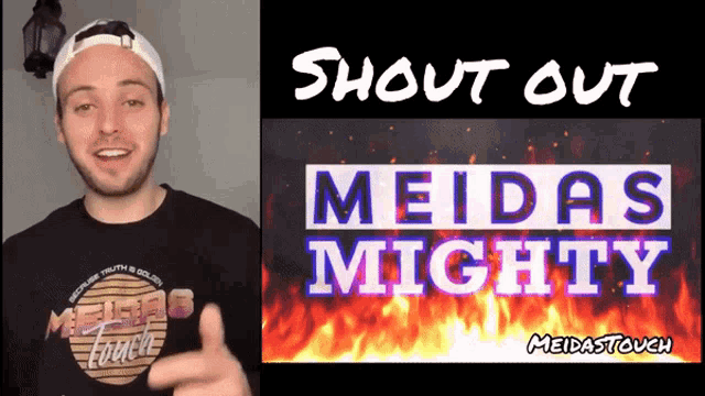 a man giving a thumbs up next to a shout out meidas mighty sign