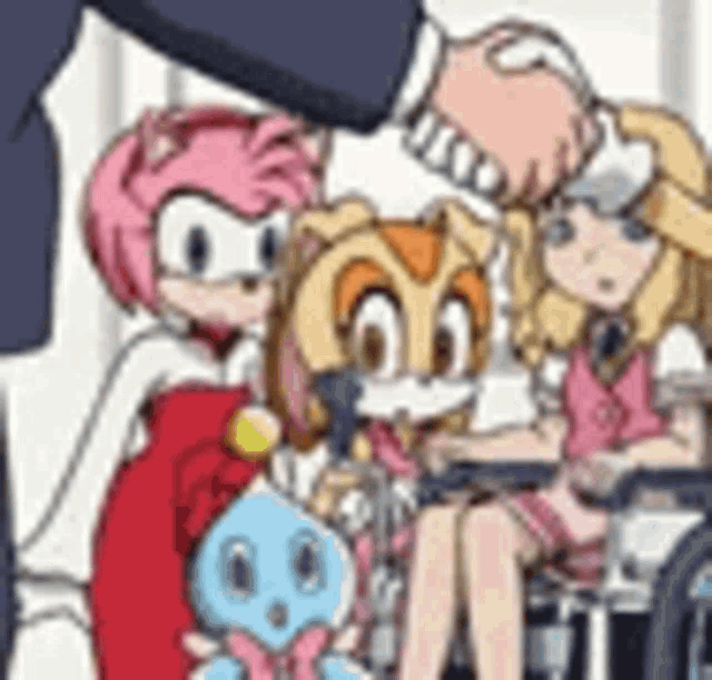 a man in a suit is shaking hands with a group of cartoon characters in a wheelchair .