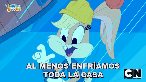a cartoon of bugs bunny wearing a hard hat and the words al menos enfriamos toda la casa