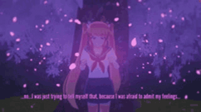 a girl in a school uniform is standing in front of a tree with cherry blossoms falling from it .
