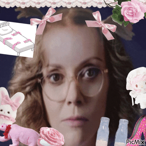 a woman with glasses and pink bows in her hair is surrounded by stuffed animals and bottles of milk