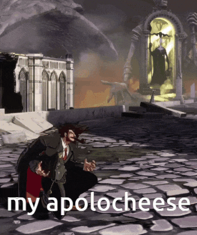 a man in a suit and tie is kneeling in front of a building with the words " my apolo cheese " below him