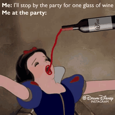 a cartoon of snow white drinking wine from a wine bottle