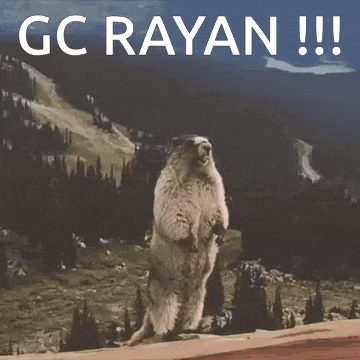 a ground squirrel standing on its hind legs with the words " gc rayan !!! " above it