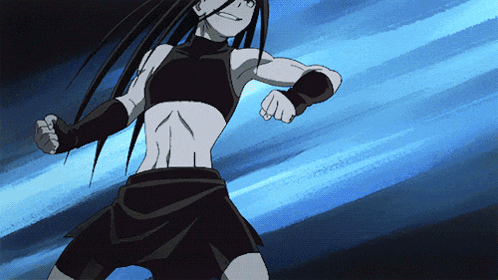 a female anime character with long hair and a black top