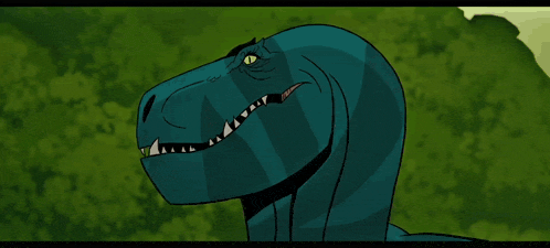 a cartoon drawing of a dinosaur with its mouth open and sharp teeth