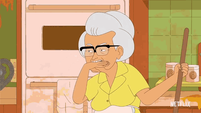 a cartoon of an elderly woman holding a mop with netflix written on the bottom right