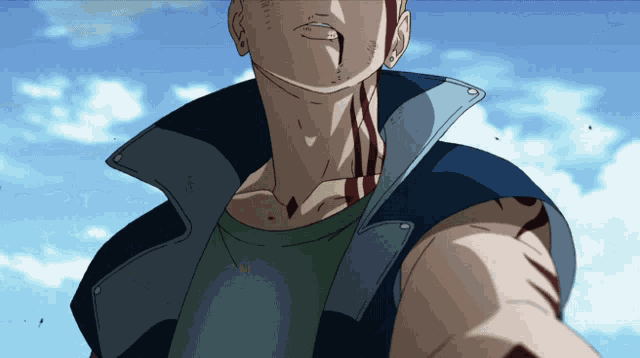 a close up of a person 's face with a blue sky in the background