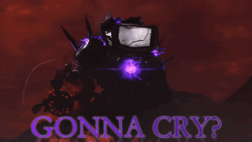 a picture of a robot says gonna cry in purple letters