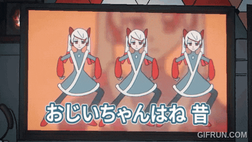 three cartoon characters are dancing in front of a screen that says gifrun.com