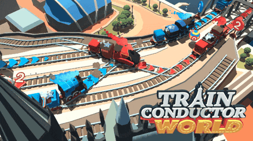 an advertisement for train conductor world shows a train going down a track