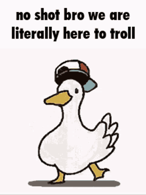 a cartoon of a duck wearing a hat and a mask with the words no shot bro we are literally here to troll .