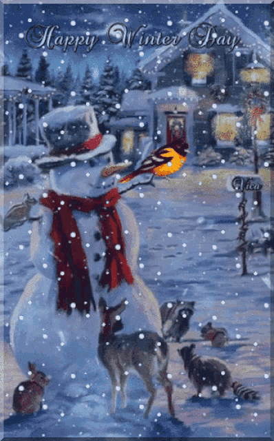 a happy winter day greeting card with a snowman and a bird