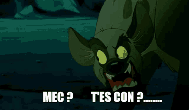 a cartoon of a hyena with the words mec tes con written below it