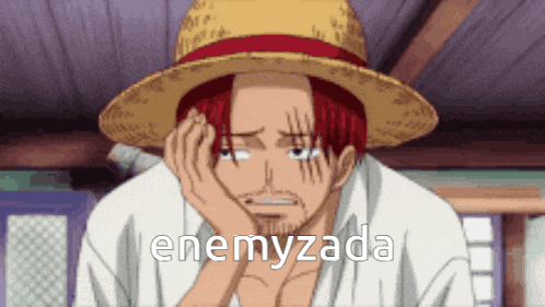 a man wearing a straw hat with the word enemyzada written on the bottom