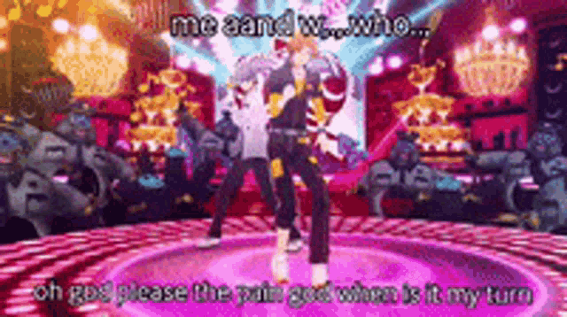 a man is dancing on a stage in a video game with a caption that says me and w who