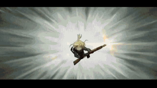 a girl is flying through the air while holding a rifle .