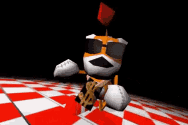 a cartoon character wearing sunglasses and holding a dollar sign is dancing on a red and white checkered floor .