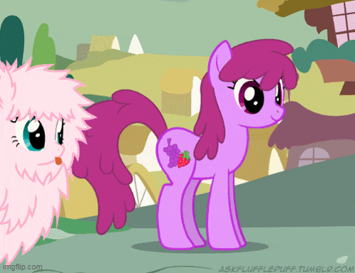a purple pony with a grape and strawberry on its back