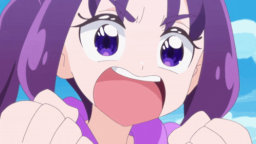 a girl with purple hair is making a funny face with her mouth open