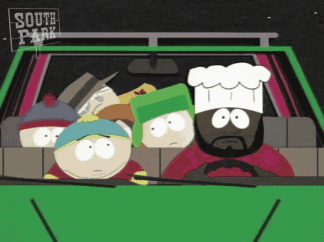 a group of south park characters in a car