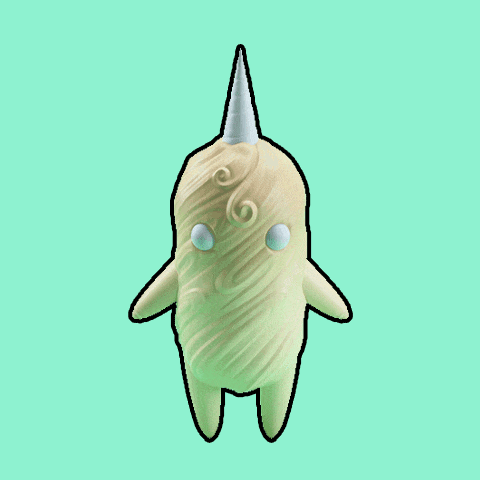 a cartoon character with a horn and swirls on it
