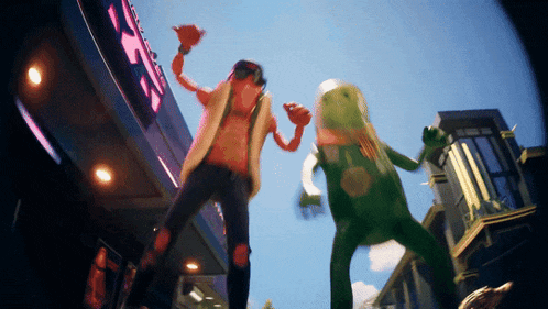 a man and a frog are dancing in front of a sign that says ' nc '