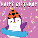 two penguins wearing party hats are on a birthday card