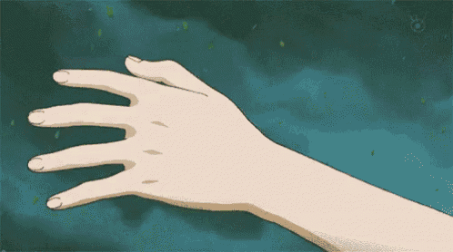 a person 's hand is reaching out towards a blue background .