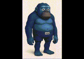 a cartoon gorilla wearing blue underwear with the word ron on it