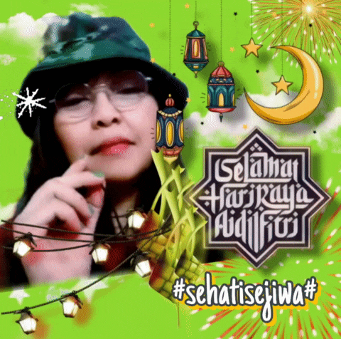 a woman wearing a green hat and glasses is on a green background with a crescent moon and fireworks