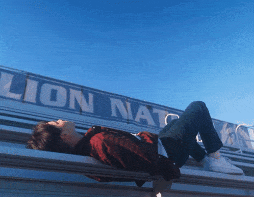 a person laying on a bleacher in front of a banner that says lion nation
