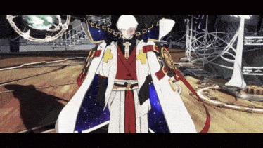 a man in a white cape with a cross on his neck