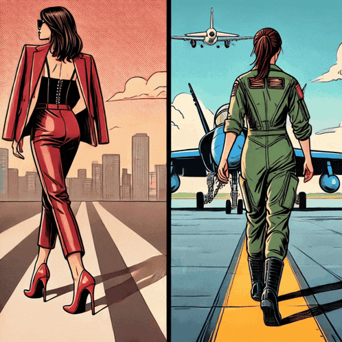 a cartoon of a woman in high heels and a cartoon of a woman in a military suit