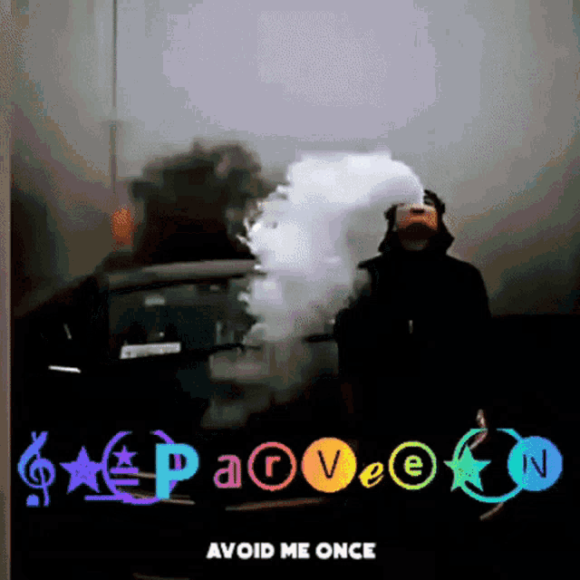 a man is smoking a cigarette in front of a car with the words avoid me once on the bottom