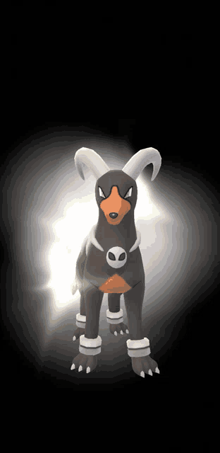 a cartoon dog with horns and a skull on it 's chest