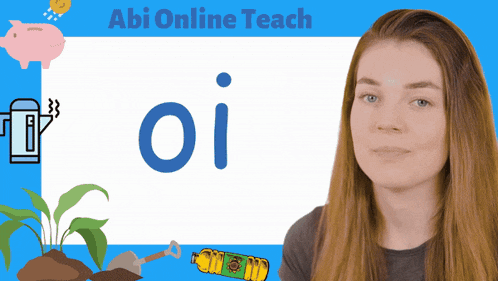 a woman is standing in front of a sign that says oi