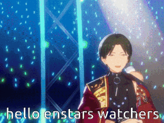 a man is singing into a microphone with the words hello enstars watchers below him .