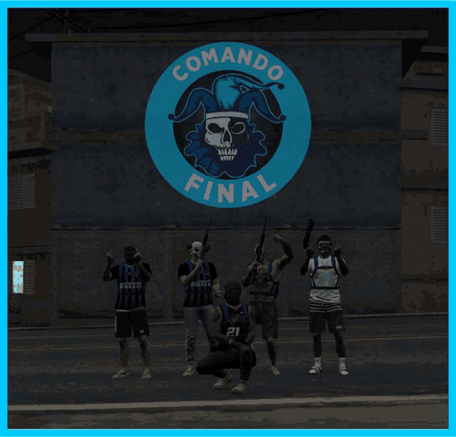 a group of people standing in front of a comando final logo