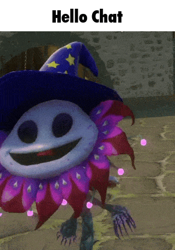 a cartoon character wearing a wizard hat and smiling with the words hello chat below it