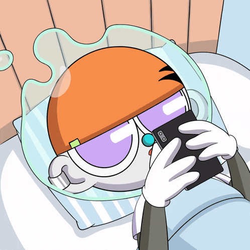 a cartoon character laying on a bed looking at a phone