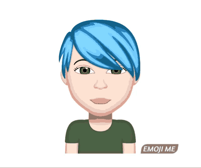 a cartoon of a woman with blue hair and the words emoji me below her