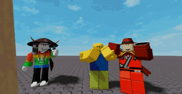 three roblox characters are standing next to each other on a brick floor