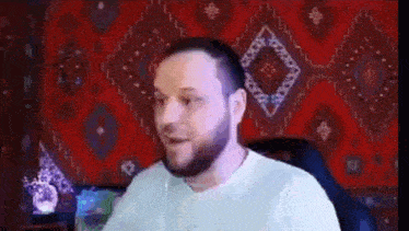 a man with a beard is sitting in a chair in front of a red rug .