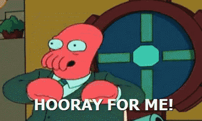 a cartoon character from futurama says hooray for me